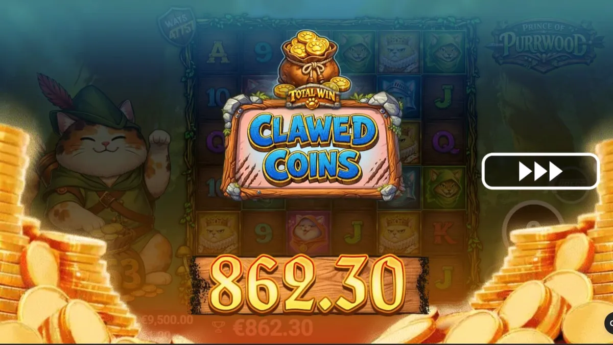 Tampilan visual slot Prince of Purrwood dengan karakter kucing bertema abad pertengahan.