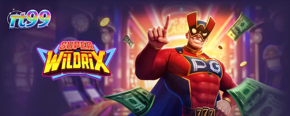 Pemandangan layar permainan slot Super Wildrix dengan tema superhero neon